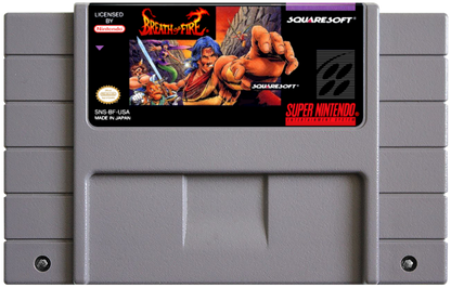Breath of Fire Super Nintendo SNES JRPG role playing game fantasy adventure turn based combat Capcom classic dragon transformation story driven exploration party based RPG retro 16 bit gaming Super Nintendo Entertainment System software video game title cartridge