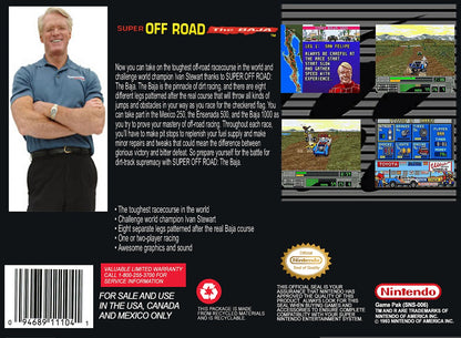 Super Off Road The Baja Super Nintendo Entertainment System SNES video game featuring off road racing gameplay Baja truck racing dirt tracks rough terrain competitive races vehicle upgrades jumps and classic 16 bit Nintendo arcade racing gameplay retro video game collection collectible gaming appeal back cover art