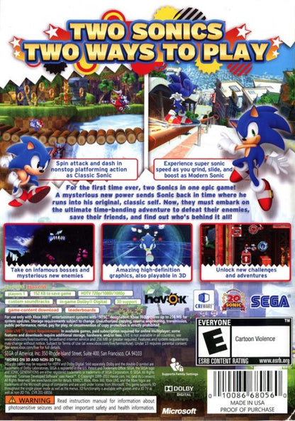 Sonic Generations back of case for Xbox 360 (X360) platformer action-adventure video game