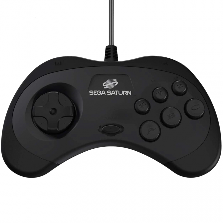 Retro Bit Sega Saturn Controller inspired design featuring classic 90s gaming accessory aesthetic six button arcade style layout precision D pad wired retro console compatibility faithful Sega Saturn reproduction controller nostalgic fighting game and arcade gameplay presentation front 