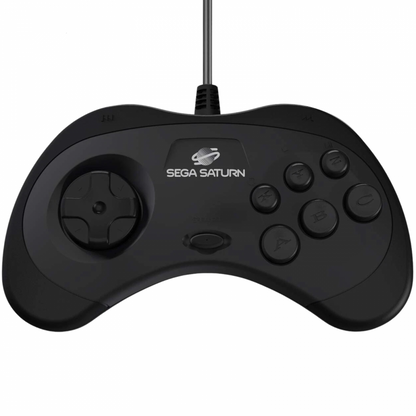 Retro Bit Sega Saturn Controller inspired design featuring classic 90s gaming accessory aesthetic six button arcade style layout precision D pad wired retro console compatibility faithful Sega Saturn reproduction controller nostalgic fighting game and arcade gameplay presentation front 