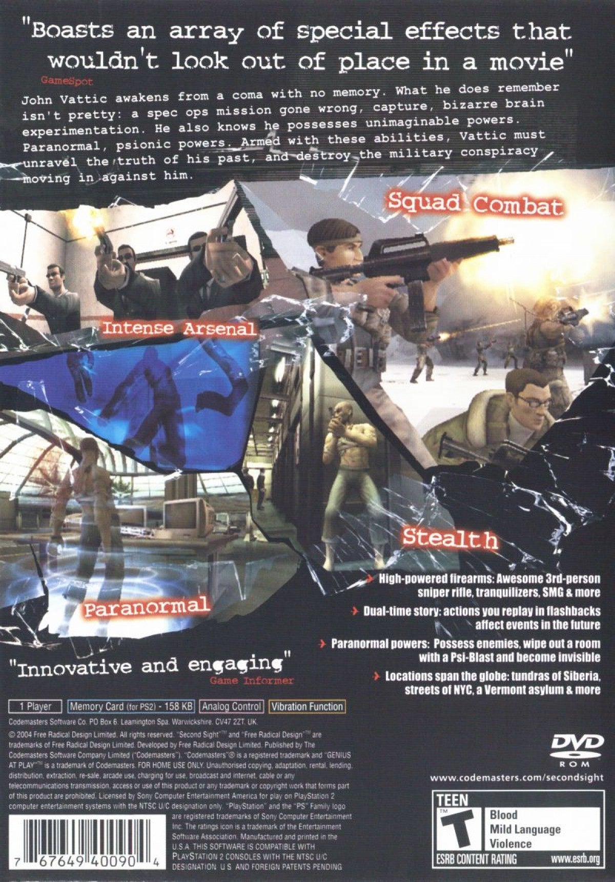 Second Sight PS2 Sony PlayStation 2 action adventure game psychological thriller psychic powers telekinesis stealth combat third person shooting time manipulation story driven sci fi conspiracy gameplay retro gaming PlayStation 2 software video game title back cover art