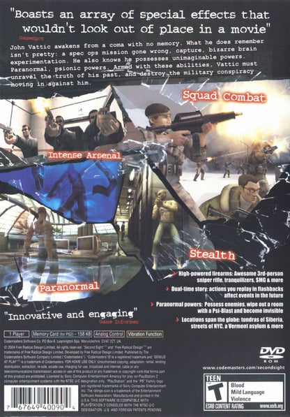 Second Sight PS2 Sony PlayStation 2 action adventure game psychological thriller psychic powers telekinesis stealth combat third person shooting time manipulation story driven sci fi conspiracy gameplay retro gaming PlayStation 2 software video game title back cover art