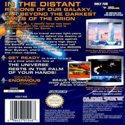 Iridion 3D Game Boy Advance GBA video game featuring futuristic shoot em up gameplay 3D space environments spaceship combat enemy waves power ups challenging levels boss battles and classic handheld action retro video game collection collectible gaming appeal back cover art