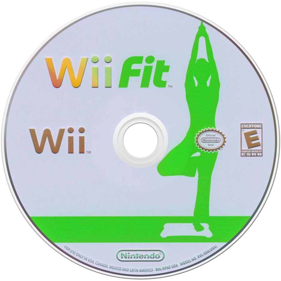 Wii Fit disc art for Nintendo Wii (Wii) featuring fitness activities with the Wii Balance Board, including yoga, strength training, aerobics, and balance games.
