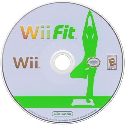 Wii Fit disc art for Nintendo Wii (Wii) featuring fitness activities with the Wii Balance Board, including yoga, strength training, aerobics, and balance games.
