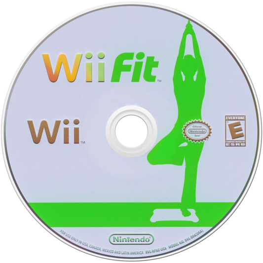 Wii Fit disc art for Nintendo Wii (Wii) featuring fitness activities with the Wii Balance Board, including yoga, strength training, aerobics, and balance games.
