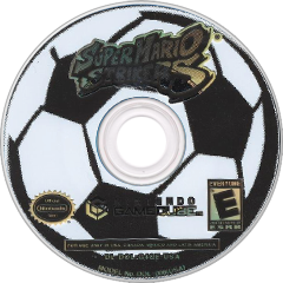Super Mario Strikers disc art for GameCube game featuring fast-paced arcade soccer gameplay with classic Nintendo characters