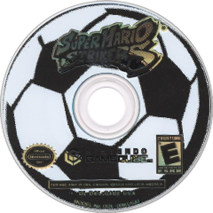Super Mario Strikers disc art for GameCube game featuring fast-paced arcade soccer gameplay with classic Nintendo characters