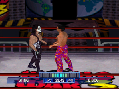 WCW Mayhem game for the PlayStation featuring professional wrestling gameplay with a roster of WCW superstars career and exhibition modes signature moves and arcade style matches based on late 90s wrestling entertainment gameplay 