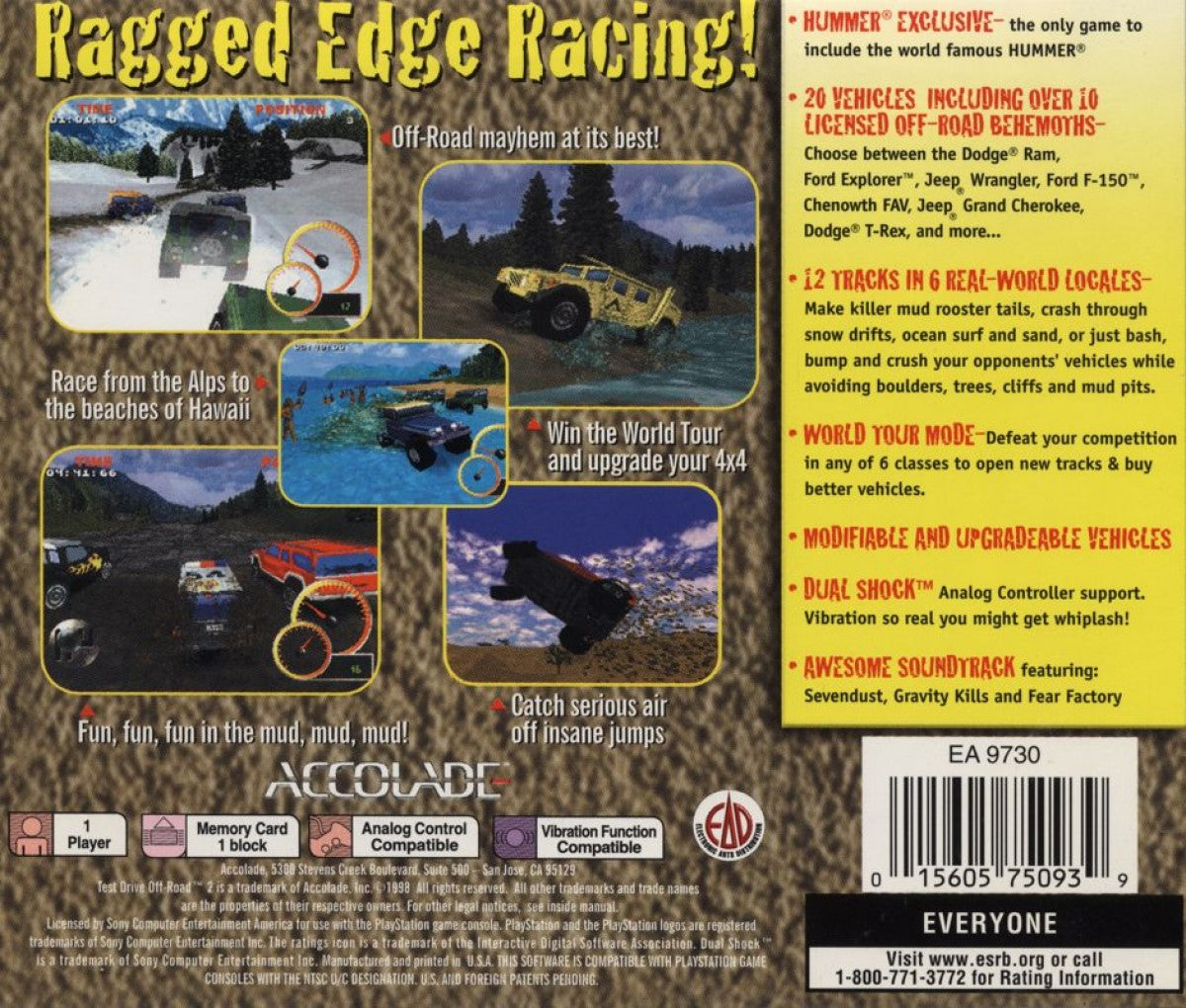 Test Drive Off-Road 2 game for the PlayStation featuring off road racing gameplay with trucks and SUVs rugged terrain environments multiple race modes and arcade style handling across dirt tracks mud and outdoor courses back cover