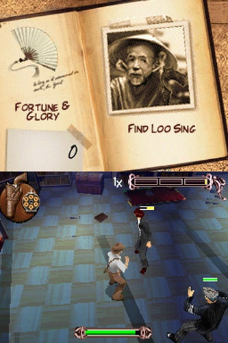 Indiana Jones and the Staff of Kings Nintendo DS video game featuring classic LucasArts action adventure gameplay whip combat puzzle solving touch screen controls and cinematic treasure hunting storyline gameplay
