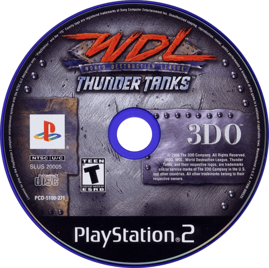 World Destruction League: Thunder Tanks – PlayStation 2 (PS2) video game disc, vehicular combat.