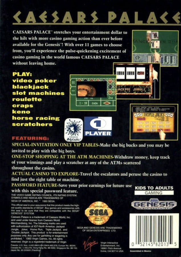 Caesar's Palace back cover art for Sega Genesis (GEN) video game