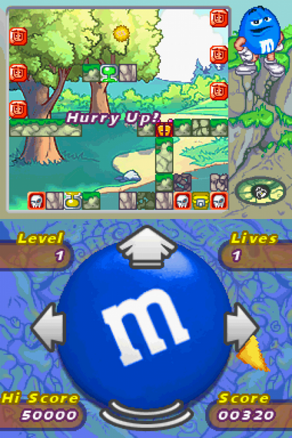 M&M’s Break’Em Nintendo DS video game, puzzle action gameplay, candy-themed adventure, family-friendly handheld console title gameplay screenshot