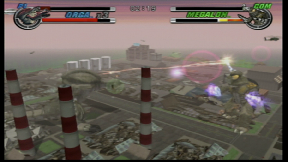 Godzilla Destroy All Monsters Melee game featuring arena fighting gameplay with giant kaiju battles destructible cities and multiplayer combat as iconic Godzilla monsters clash in arcade style action gameplay 