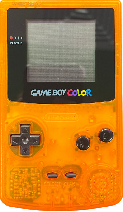 Nintendo Game Boy Color clear orange custom shell console transparent orange handheld gaming system GBC hardware custom housing modded shell retro portable console cartridge based gaming device vintage gaming system front
