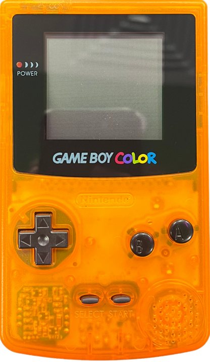 Nintendo Game Boy Color clear orange custom shell console transparent orange handheld gaming system GBC hardware custom housing modded shell retro portable console cartridge based gaming device vintage gaming system front