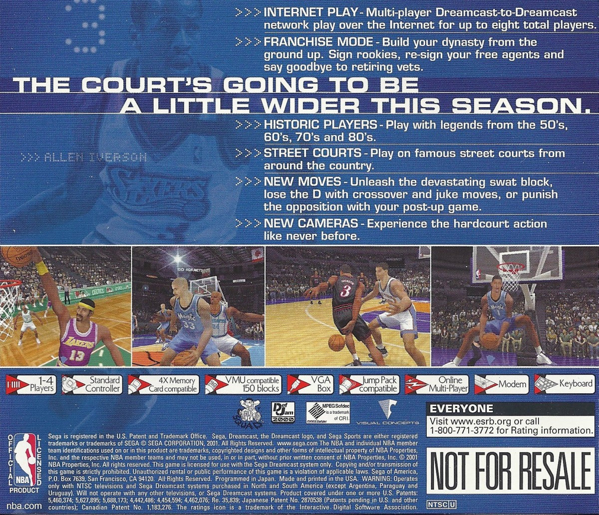 NBA 2K1 game for the Sega Dreamcast featuring realistic basketball simulation gameplay with improved graphics online multiplayer via SegaNet franchise mode and full NBA rosters with detailed player animations back cover 