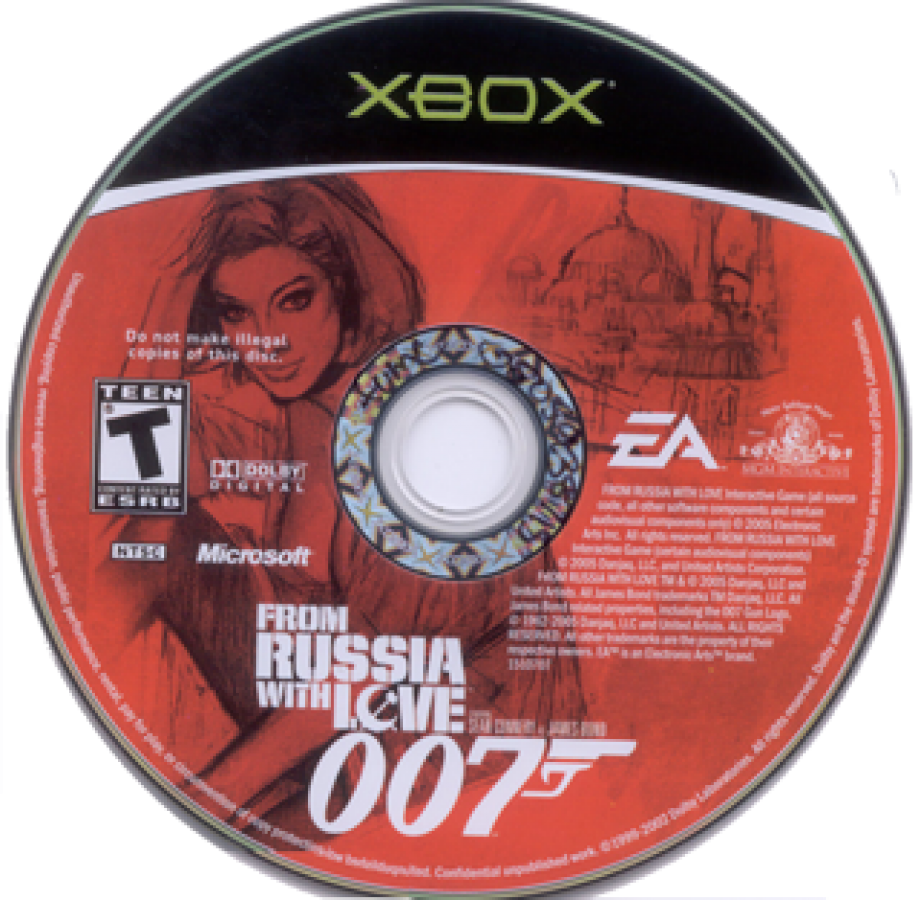 007: From Russia with Love disc art for Xbox (XBOX). A third‑person James Bond adventure inspired by the classic film, featuring espionage missions, gadgets, and action‑driven combat set across Cold War locations.
