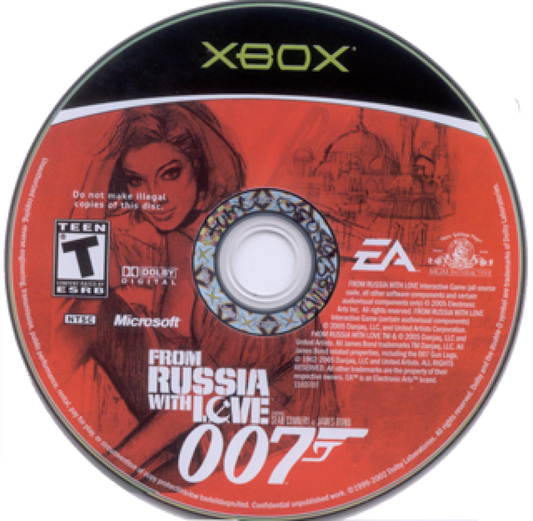 007: From Russia with Love disc art for Xbox (XBOX). A third‑person James Bond adventure inspired by the classic film, featuring espionage missions, gadgets, and action‑driven combat set across Cold War locations.
