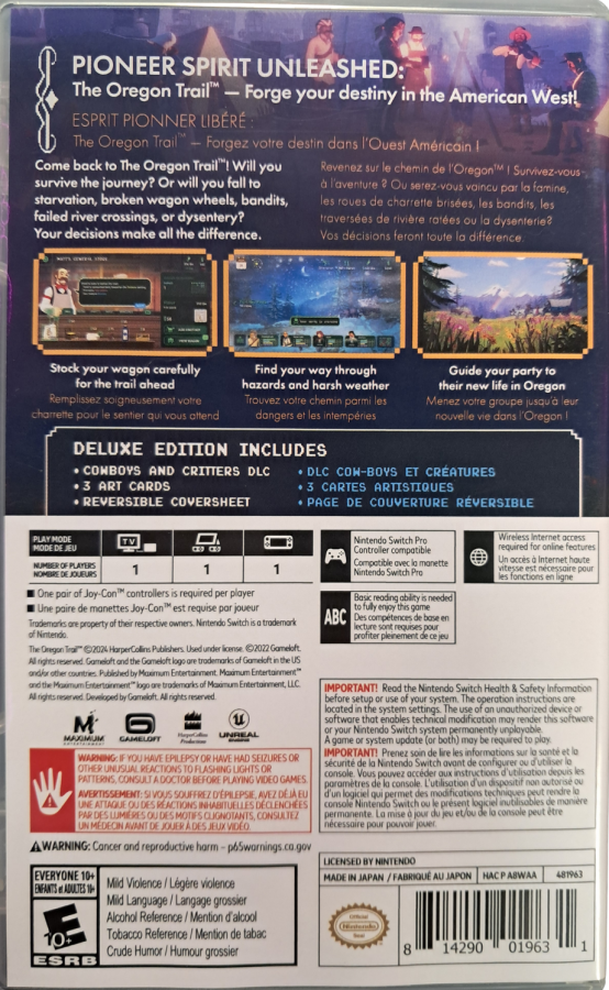 The Oregon Trail Deluxe Edition Nintendo Switch inspired design featuring classic frontier survival adventure aesthetic wagon journey across the American West resource management historical exploration charming modernized visuals family friendly strategy gameplay collectible deluxe presentation back cover