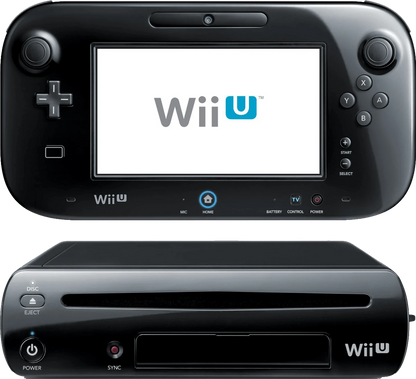 Black Nintendo Wii U console system with GamePad, designed for playing Wii U video games.