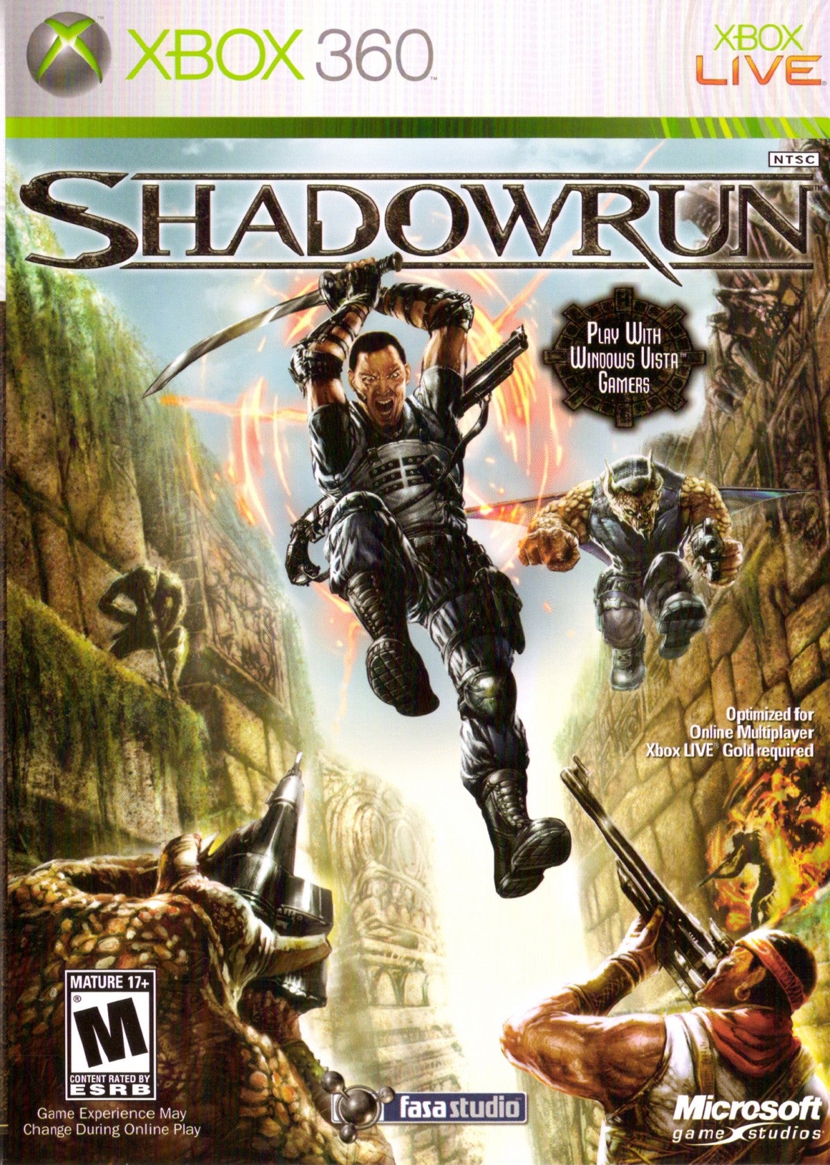 Shadowrun for Xbox 360 first person shooter video game featuring cyberpunk fantasy setting team based multiplayer magic and technology combat and unique cross platform gameplay experience cover art
