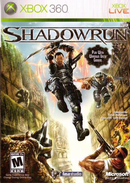 Shadowrun for Xbox 360 first person shooter video game featuring cyberpunk fantasy setting team based multiplayer magic and technology combat and unique cross platform gameplay experience cover art