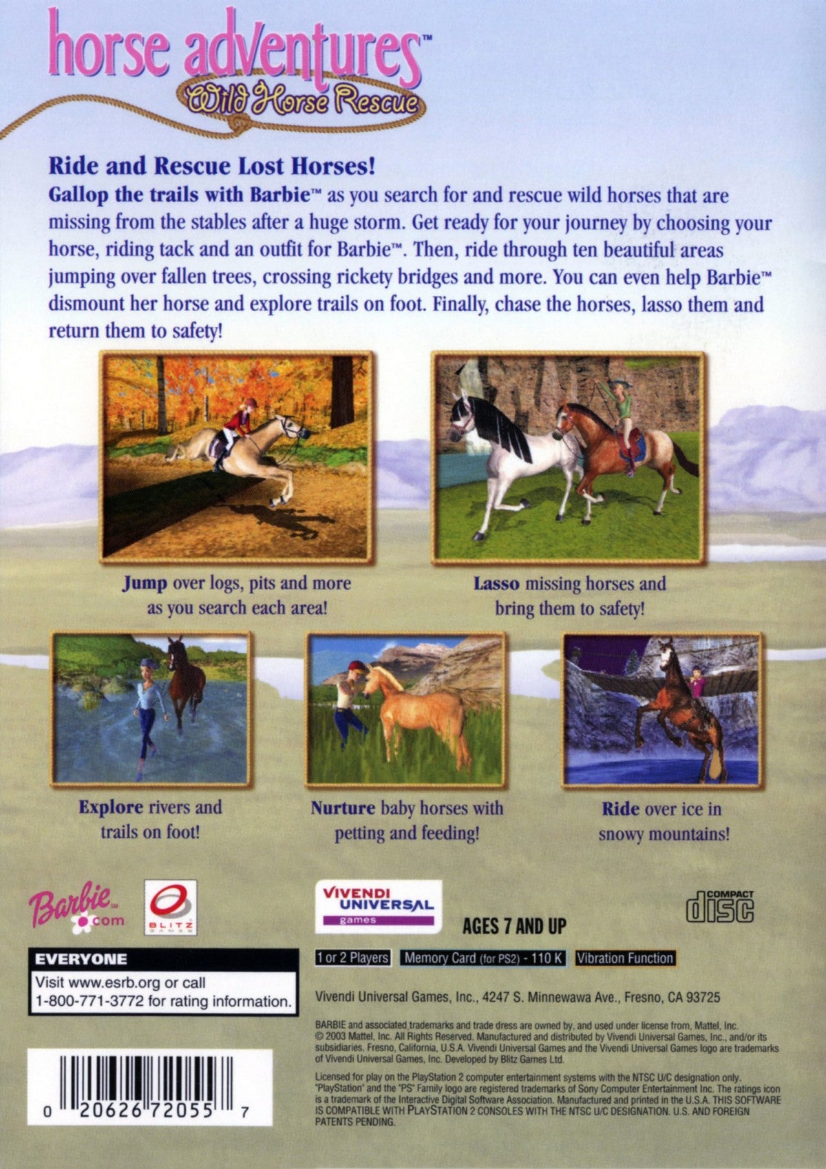 Barbie’s Horse Adventure: Wild Horse Rescue for PlayStation 2 with horseback riding and animal rescue theme back cover art 