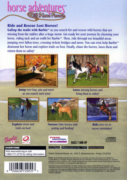 Barbie’s Horse Adventure: Wild Horse Rescue for PlayStation 2 with horseback riding and animal rescue theme back cover art 