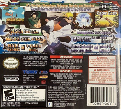 Naruto Shippuden Naruto vs Sasuke Nintendo DS handheld fighting game cartridge from the Ultimate Ninja series featuring the iconic rivalry ninjutsu techniques and story mode back cover