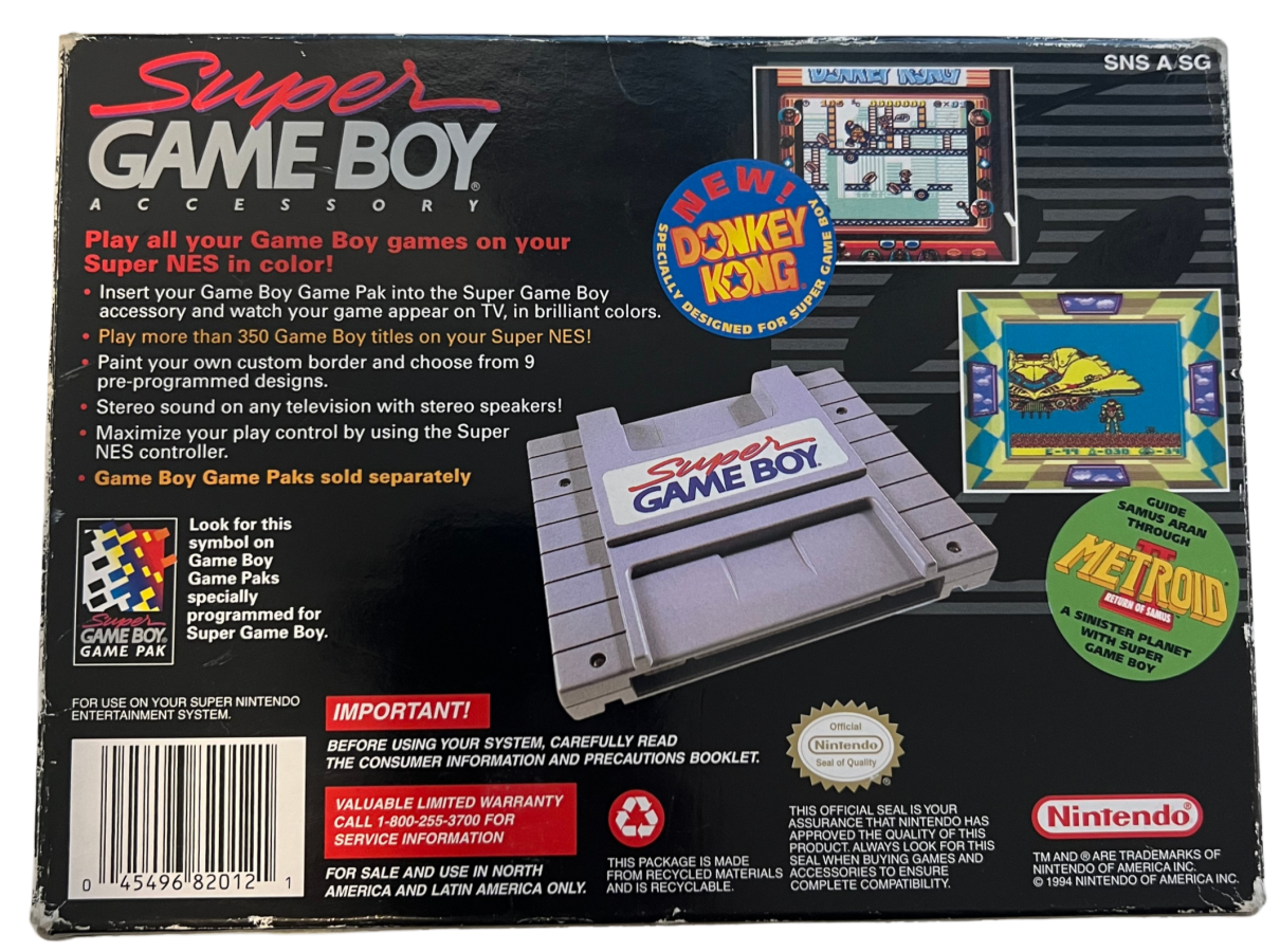 Super Game Boy retro Super Nintendo video game accessory featuring Game Boy game compatibility, handheld game support, classic Nintendo hardware and SNES console gameplay - back of box 