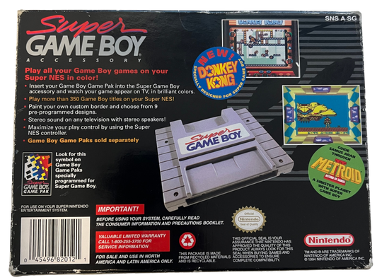 Super Game Boy retro Super Nintendo video game accessory featuring Game Boy game compatibility, handheld game support, classic Nintendo hardware and SNES console gameplay - back of box 