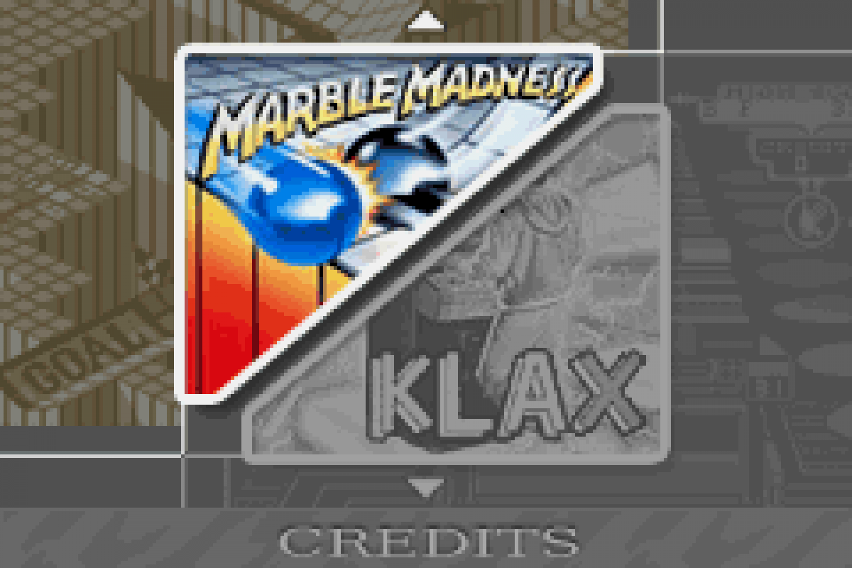 Marble Madness Klax retro Game Boy Advance video game Marble Madness puzzle action arcade gameplay Klax tile matching classic handheld console title Game Boy Advance release title screen