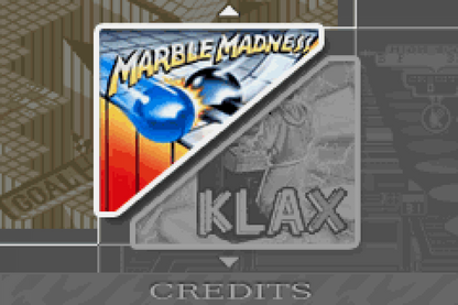 Marble Madness Klax retro Game Boy Advance video game Marble Madness puzzle action arcade gameplay Klax tile matching classic handheld console title Game Boy Advance release title screen