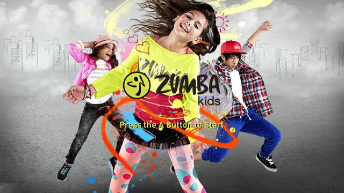 Zumba Kids title screen for Nintendo Wii (Wii) featuring energetic dance fitness routines for children with colorful visuals and fun multiplayer party gameplay.