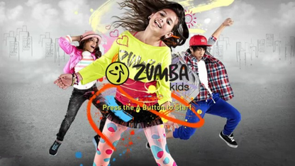 Zumba Kids title screen for Nintendo Wii (Wii) featuring energetic dance fitness routines for children with colorful visuals and fun multiplayer party gameplay.