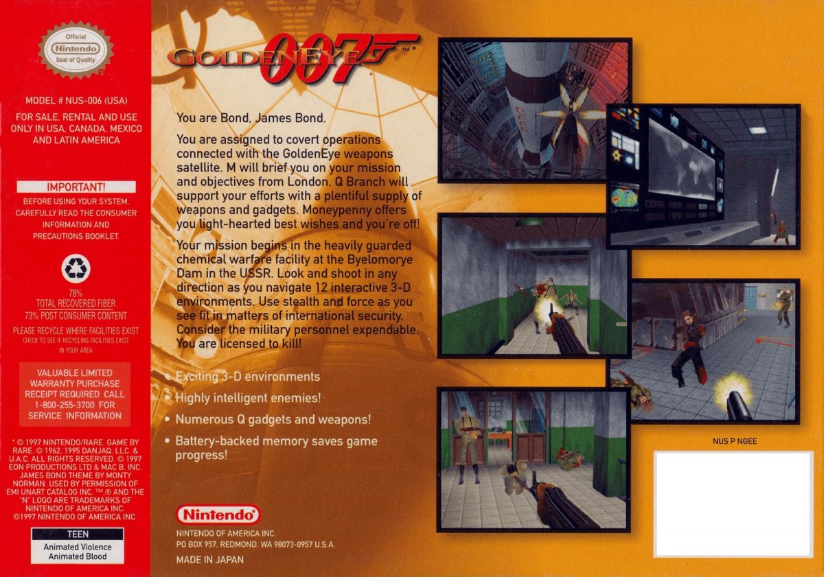007 GoldenEye back cover art for Nintendo 64 (N64) video game