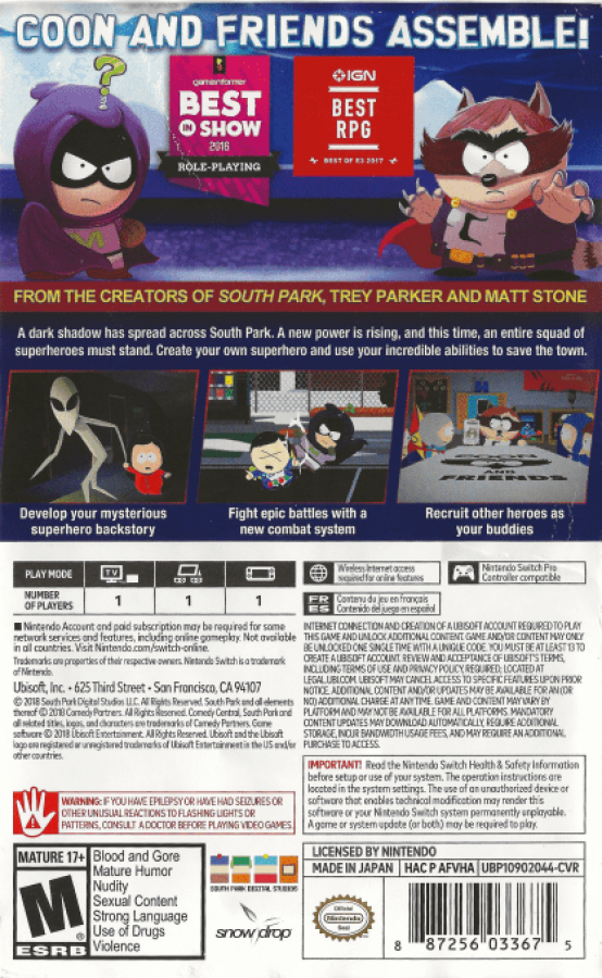 South Park: The Fractured But Whole back cover art for Nintendo Switch (NS) video game