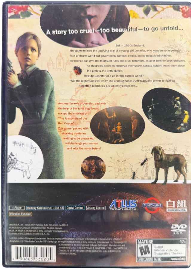 Rule of Rose PlayStation 2 PS2 for survival horror adventure video game fans featuring psychological horror dark storytelling eerie environments exploration puzzle solving mysterious characters unsettling atmosphere combat gameplay and immersive narrative collectible gaming appeal back cover art