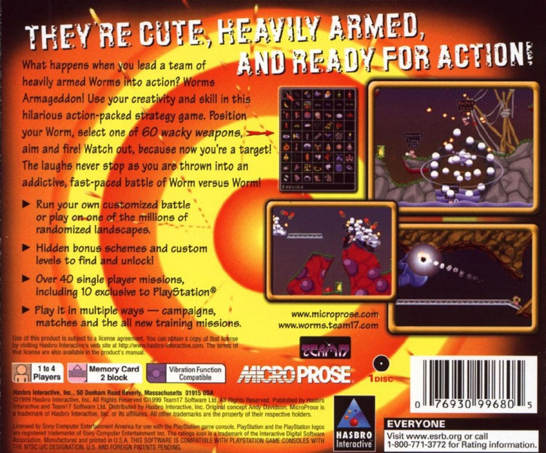 Worms Armageddon for PlayStation 1, back of case for a turn-based strategy video game with artillery combat, cartoon warfare, multiplayer battles, and classic tactical gameplay