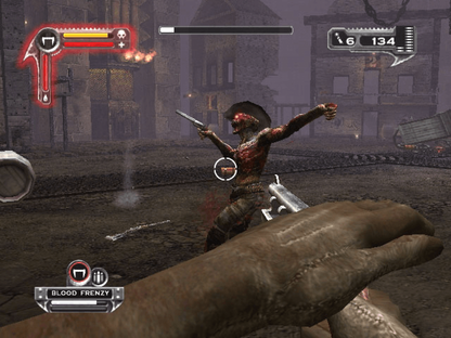 Game scene with a character holding a gun and a dog in a dark, post-apocalyptic setting. Darkwatch Gameplay 