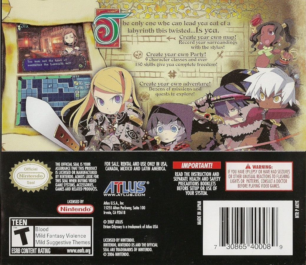 Etrian Odyssey game for the Nintendo DS featuring first person dungeon crawling RPG gameplay with map drawing mechanics party customization and challenging turn based battles in a fantasy labyrinth setting back cover art