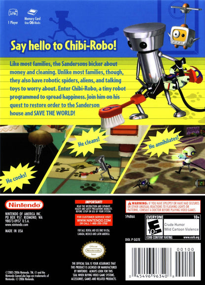 Chibi Robo for GameCube featuring charming action adventure gameplay centered around a tiny household robot back cover art