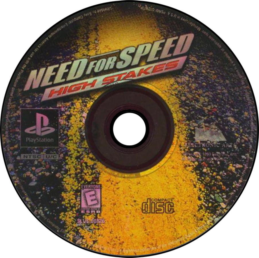 Need for Speed High Stakes game for the PlayStation featuring arcade style racing gameplay with exotic cars police pursuits career progression damage modeling and high risk betting mechanics across varied tracks and race modes disc art
