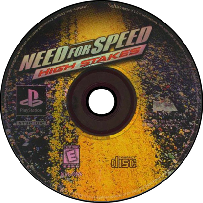 Need for Speed High Stakes game for the PlayStation featuring arcade style racing gameplay with exotic cars police pursuits career progression damage modeling and high risk betting mechanics across varied tracks and race modes disc art
