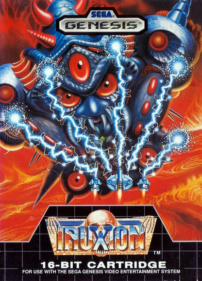 Truxton Sega Genesis GEN video game featuring vertical scrolling shoot em up gameplay spaceship combat enemy waves power ups intense boss battles challenging stages rapid fire action and classic 16 bit Sega gameplay retro video game collection collectible gaming appeal front cover art
