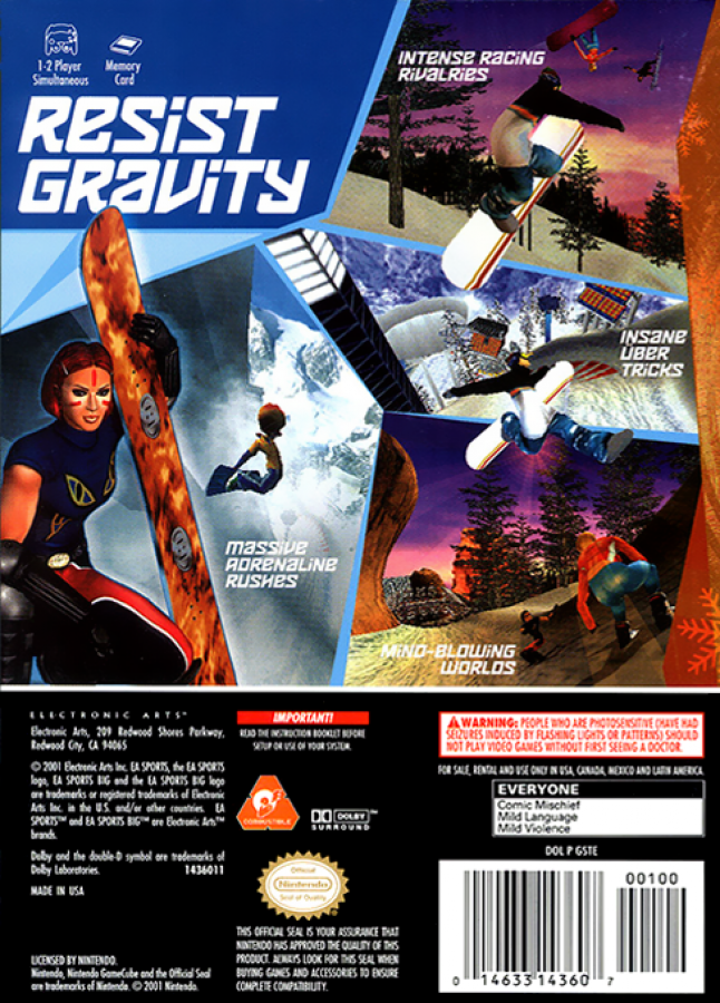 SSX Tricky GameCube game featuring fast-paced arcade snowboarding gameplay and over-the-top trick action back cover