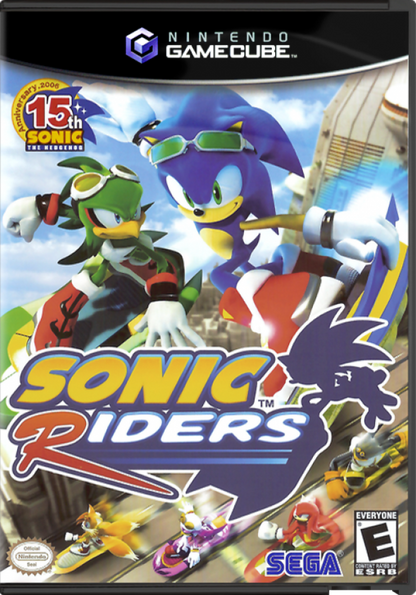 Sonic Riders cover art for GameCube (GC) game featuring high-speed hoverboard racing and arcade-style competition